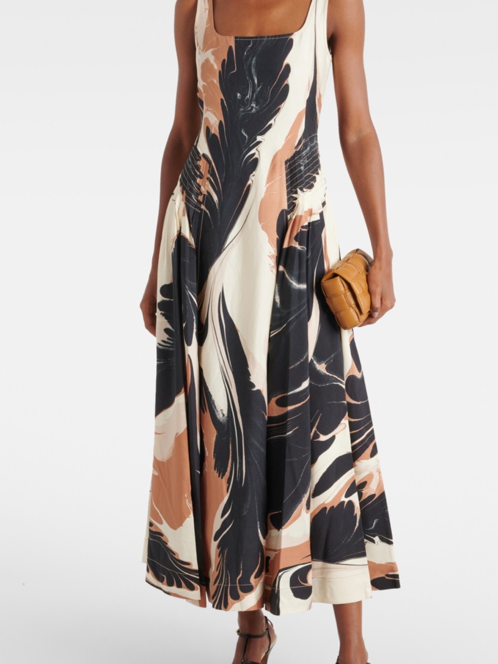 Simkhai Sleeveless Marble-Print Midi Dress in Black, Cream & Tan